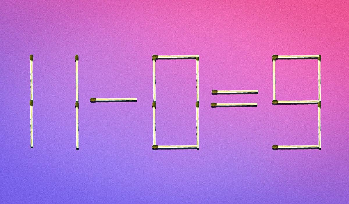 Lai vienādojums būtu pareizs, ir jāņem kreisais augšējais sērkociņš no skaitļa 9 un jāpiestiprina pa vidu skaitlim 0. Tādējādi skaitlis 9 pārvērtīsies par 3, bet skaitlis 0 - par 8. Tādējādi mēs iegūstam pareizo vienādojumu: 11 - 8 = 3. Moje kolāža