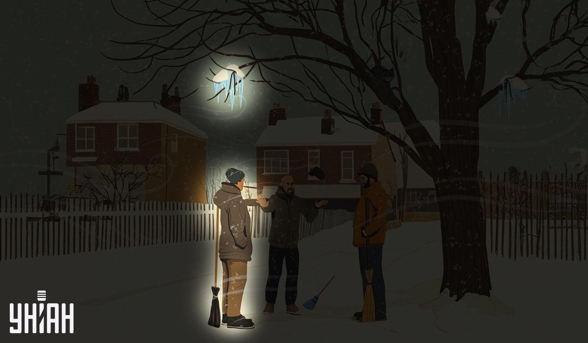 Viens no sētniekiem stāvēja zem ledus kukainīšiem, kas karājās uz koka / Moje kolāža