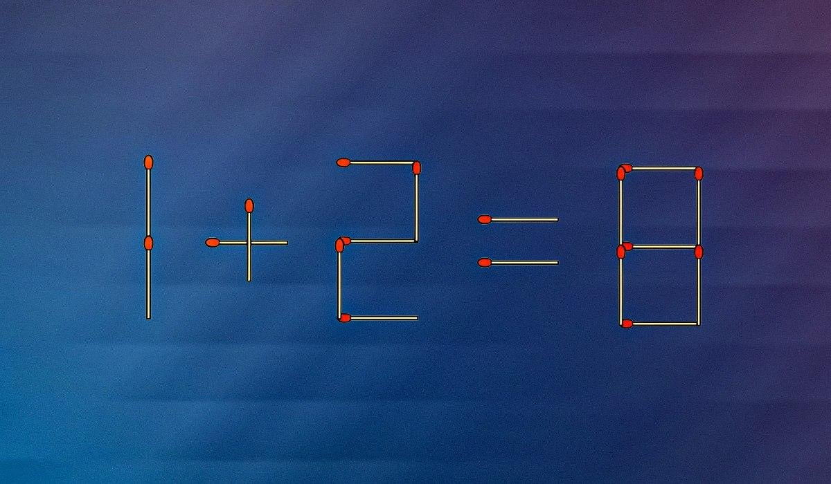 Lai vienādojums 1+2=8 būtu pareizs, jums jāpārvieto tikai viena sērkociņš: vienkāršs IQ tests.