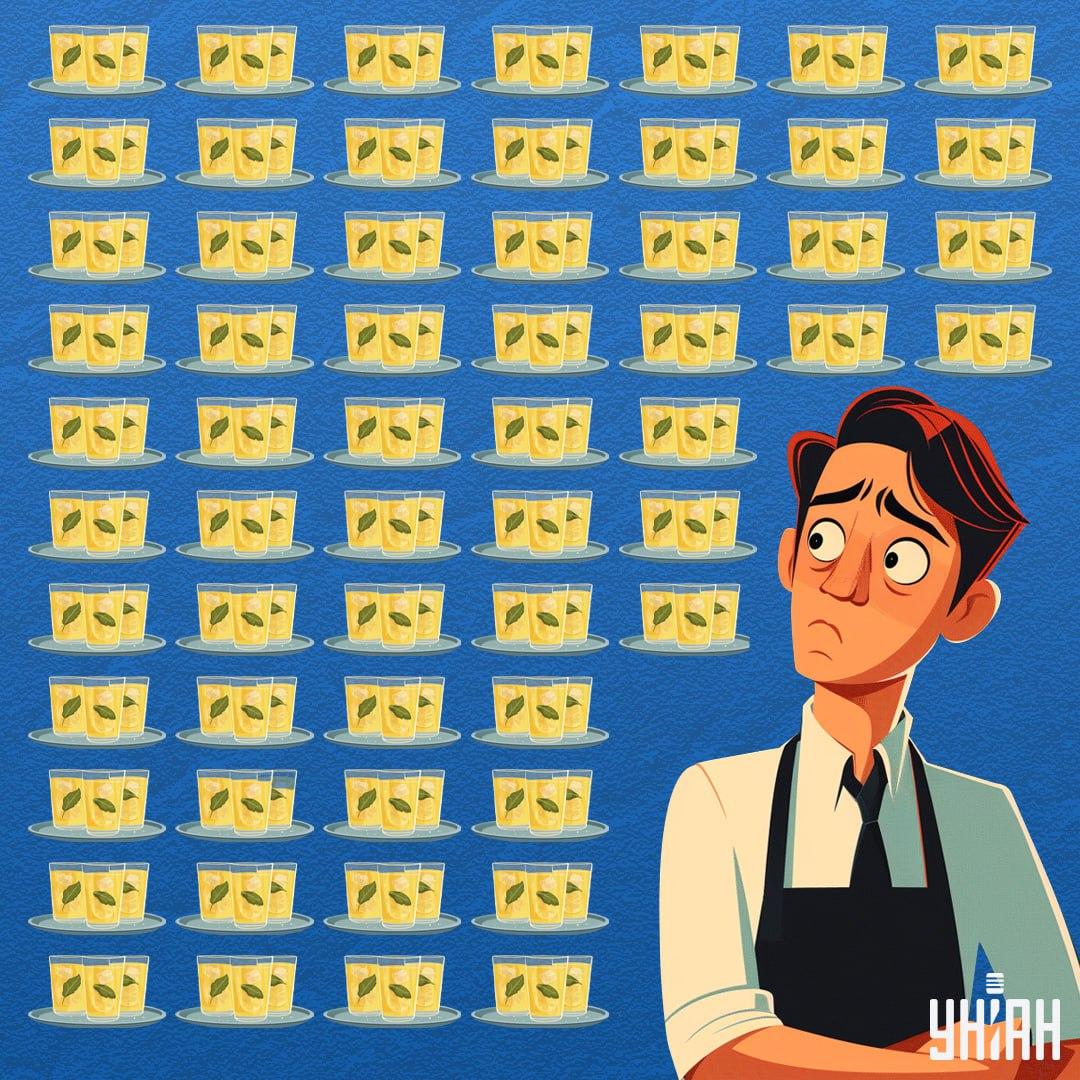 Atrodi glāzi, kurā limonādes ir mazāk nekā pārējos traukos / kolāža Moje